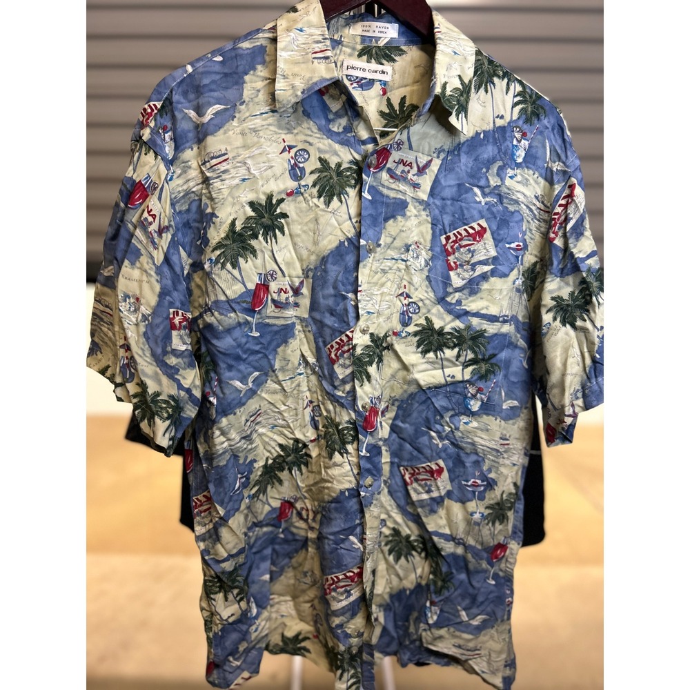 Pierre Cardin Shirt Mens L Blue Tropical Island Print Rayon Hawaiian Button Up